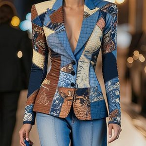 Stylewe Women Casual Natural X-Line Printed Blazer Lapel Collar Daily Spring, Blazers, color:Blue|size:XXL, Stylewe