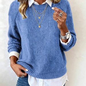 Women Plain Long Sleeve Comfy Casual Sweater, Sweaters, color:Blue|size:5XL, catalog Noracora shop