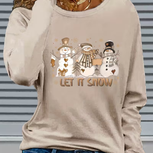Casual Christmas Snowman Crew Neck Long Sleeve T-shirt, T-shirts, color:Apricot|size:XXL, catalog Noracora shop