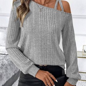 Casual Plain One Shoulder Long Sleeve T-shirt, T-shirts, color:Gray|size:XL, catalog Noracora shop