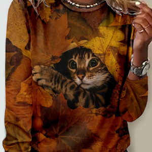 Vintage Animal Crew Neck Long Sleeve T-shirt, T-shirts, color:Yellow Brown|size:XXL, catalog Noracora shop