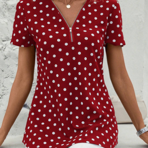 Women's Short Sleeve Blouse Summer Dark Blue Polka Dots Zipper V Neck Going Out Top, JustFashionNow Blouses, color:Red|size:XXL,