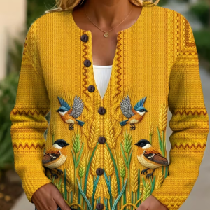 Women Bird Printing Long Sleeve Crew Neck Vintage Spring/Fall Cardigan Outerwear, JustFashionNow Cardigans, color:Yellow|size:5XL,