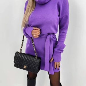 Women Plain Long Sleeve Spring/Fall Split Joint Dress Turtleneck Daily Vintage Mini Hip Skirt Bodycon Dress, JustFashionNow Dresses, color:Purple|size:3XL,