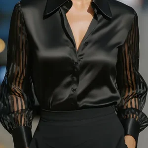 Satin Urban Plain Shirt Collar Shirt, Blouses and Shirts, color:Black|size:XXL, Stylewe
