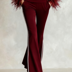 Elegant Color Block Straight Pants, Pants, color:Wine Red|size:XXL, Stylewe