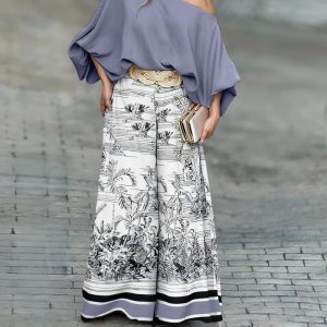 2 Pieces Outfit Skew Neck Batwing Sleeve Loose Fit Top and Plants Print Zipper Fly Colorblock Striped Trim Wide Leg Pants Set without Belt, women Two-piece Sets, ChicMe catalog