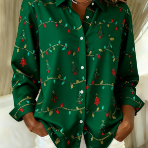 Women Christmas Long Sleeve Shirt Spring/Fall Shawl Collar Holiday Vintage Top, JustFashionNow Blouses, color:Green|size:4XL,