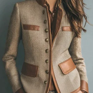 Plus Size Urban  Buttoned Herringbone Stand Collar Jacket, Plus Outerwear, color:Brown|size:4X, Stylewe