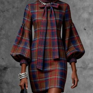 Urban Plaid Lace-up Stand Collar Mini Dress Belt, Mini Dresses, color:Red|size:XXL, Stylewe