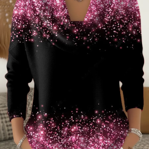Women Abstract Printing Spring/Fall Casual Long Sleeve Cowl Neck Sweater, JustFashionNow Sweaters, color:Black|size:3XL,