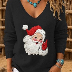 Loose Simple V Neck Christmas Knit Top Sweater, Sweaters, color:Black|size:4XL, catalog Noracora shop
