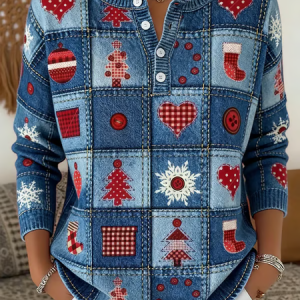 Women Christmas Printing Spring/Fall Casual Long Sleeve Crew Neck Sweater, JustFashionNow Sweaters, color:Blue|size:4XL,