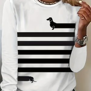 Casual Striped Crew Neck Long Sleeve T-shirt, Blouses, color:Black|size:5XL, catalog Noracora shop