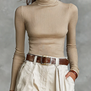 Knitted Casual Plain Turtleneck T-shirt, Tees, color:Champagne|size:XXL, Stylewe