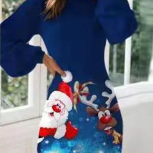 Women Christmas Snowman Balloon Sleeve Spring/Fall Printing Dress Crew Neck Long Sleeve Hip Skirt A-Line Dress, Sweashirt Dress, color:Deep Blue|size:3XL, catalog Noracora shop