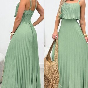 French Style Adjustable Spaghetti Straps Backless Pleated Overlay Design Cami Dress Casual Cinched Waist Shirred Back Pleated Vacation Dress, women Maxi Dresses, ChicMe catalog