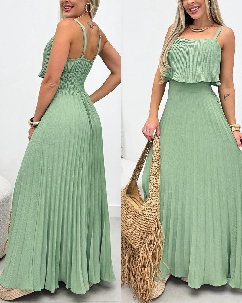 French Style Adjustable Spaghetti Straps Backless Pleated Overlay Design Cami Dress Casual Cinched Waist Shirred Back Pleated Vacation Dress, women Maxi Dresses, ChicMe catalog