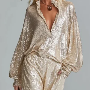 Glitter Casual Plain Zipper Stand Collar Blouse, Blouses and Shirts, color:Champagne|size:XXL, Stylewe