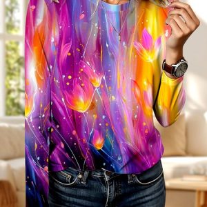 Vintage Geometric Crew Neck Long Sleeve T-shirt, T-shirts, color:Purple|size:3XL, catalog Noracora shop