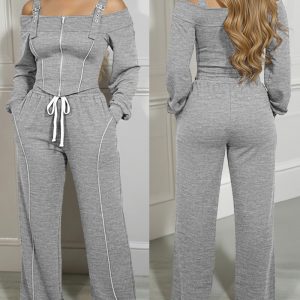 2 Pieces Outfit Trendy Cold Shoulder Adjustable Buckle Straps Long Sleeve Two-Way Zipper Front Top and Drawstring Elastic Waist Pants Set Casual Contrast Stitching Set, women Two-piece Sets, ChicMe catalog