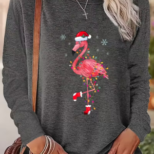 Casual Flamingo Crew Neck Long Sleeve T-shirt, T-shirts, color:Gray|size:XXL, catalog Noracora shop