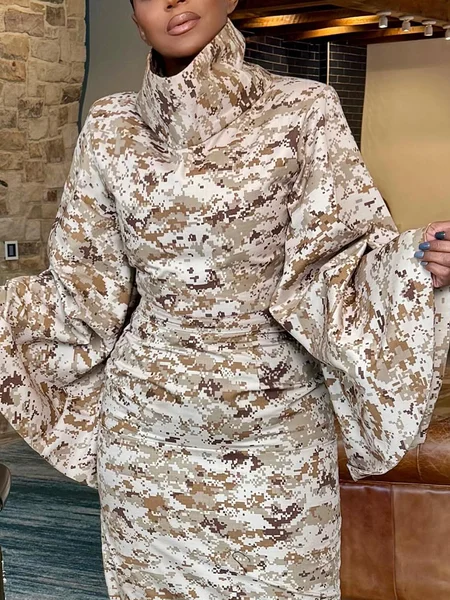 Elegant Camo Printing Turtleneck Blouse, Blouses and Shirts, color:As Picture|size:XXL, Stylewe
