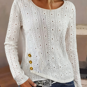 Elegant Plain Crew Neck Long Sleeve T-shirt, T-shirts, color:White|size:XXL, catalog Noracora shop