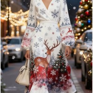 Women Christmas Puff Sleeve Spring/Fall Dress V Neck Long Sleeve A-Line Dress, Dresses, color:Color2|size:4XL, catalog Noracora shop