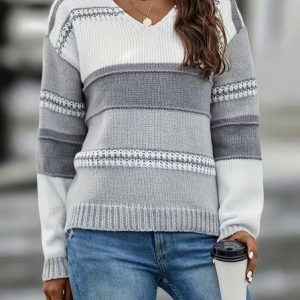 Women Cotton Color Block Long Sleeve Comfy Casual Sweater, Sweaters, color:Gray|size:XL, catalog Noracora shop
