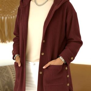 Women Spring/Fall Outerwear Casual Plain Long Sleeve Hoodie Jacket, Coats, color:Wine Red|size:3XL, catalog Noracora shop