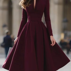 Elegant Plain V Neck Midi Dress, Midi Dresses, color:Wine Red|size:XXL, Stylewe