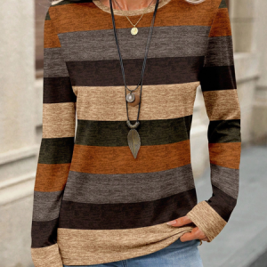 Casual Multicolor Block Crew Neck Long Sleeve T-shirt, T-shirts, color:As Picture|size:XXL, catalog Noracora shop