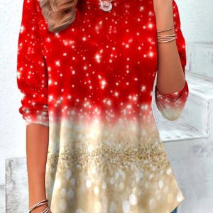 Casual Christmas Crew Neck Long Sleeve T-shirt, T-shirts, color:Red|size:3XL, catalog Noracora shop