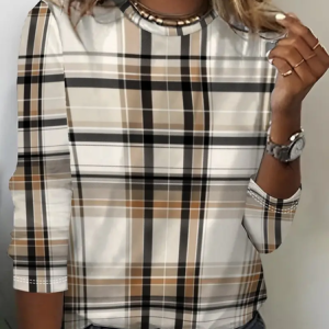Casual Plaid Crew Neck Long Sleeve T-shirt, T-shirts, color:As Picture|size:XXL, catalog Noracora shop