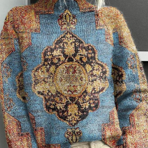 Women Ethnic Printing Spring/Fall Vintage Long Sleeve Turtleneck Sweater, JustFashionNow Sweaters, color:Blue|size:4XL,