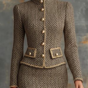 Elegant Buttoned Herringbone Stand Collar Jacket, Jackets, color:As Picture|size:XXL, Stylewe
