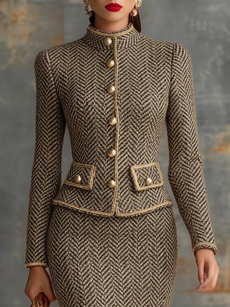 Elegant Buttoned Herringbone Stand Collar Jacket, Jackets, color:As Picture|size:XXL, Stylewe