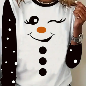 Casual Christmas Snowman Crew Neck Long Sleeve T-shirt, T-shirts, color:White|size:XXL, catalog Noracora shop
