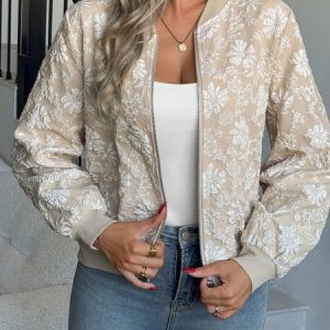 Women Spring/Fall Outerwear Vintage Printing Floral Long Sleeve Stand Collar Jacket, JustFashionNow Jackets, color:Apricot|size:XXL,