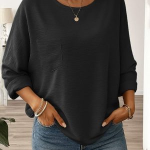 Crew Neck Long Sleeve Plain Regular Loose Blouse For Women, Blouses, color:Black|size:3XL, catalog Noracora shop