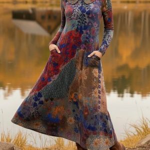 Women Floral Spring/Fall Dress Shawl Collar Long Sleeve A-Line Dress, Dresses, color:As Picture|size:4XL, catalog Noracora shop