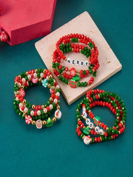 Christmas Electroplating Snowflake Elk Christmas Bell Santa Claus Bracelet Fashionable And Versatile Christmas Crystal Rice Bead Bracelet Combination Set, JustFashionNow Bracelets, color:Color1|size:One-size,