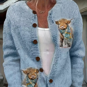Women Cattle Printing Long Sleeve Crew Neck Vintage Spring/Fall Cardigan Outerwear, JustFashionNow Cardigans, color:Blue|size:5XL,