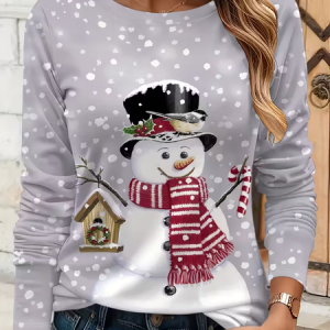 Casual Christmas Snowman Crew Neck Long Sleeve T-shirt, T-shirts, color:Gray|size:XXL, catalog Noracora shop