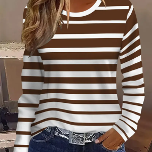 Women Striped Long Sleeve Tee T-shirt Crew Neck Printing Casual Spring/Fall Graphic Tee Top, JustFashionNow T-Shirts, color:Brown|size:XXL,