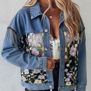 Colorblock 3D Flower Lace Embroidery Patch Denim Coat Casual Turn-down Collar Jacket, women Jackets & Coats, ChicMe catalog