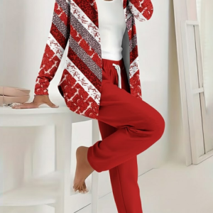 Women Abstract Printing Two-Piece Set Daily Long Sleeve Casual Spring/Fall Coat With Pants Matching Set, Sets, color:Red|size:XXL, catalog Noracora shop