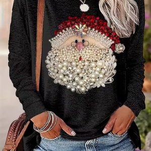 Christmas Casual Santa Claus Print Crew Neck Long Sleeve T-shirt, T-shirts, color:Black|size:XXL, catalog Noracora shop