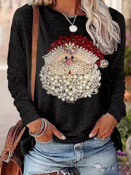Women Santa Claus Long Sleeve Tee T-shirt Crew Neck Printing Casual Spring/Fall Graphic Tee Top, JustFashionNow T-Shirts, color:Black|size:XXL,